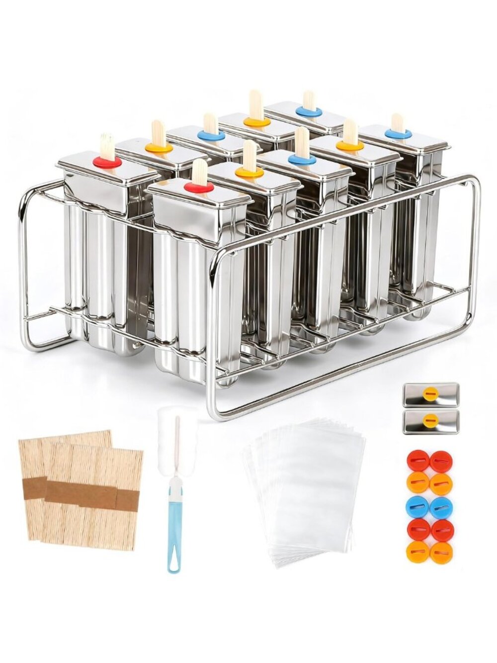 10-Piece Stainless Steel Popsicle Molds Set with Sticks, Bags & Silicone Seals